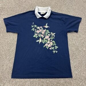 Vintage Cracker Barrel Polo Shirt Womens L Blue Hummingbird Floral Graphic Top